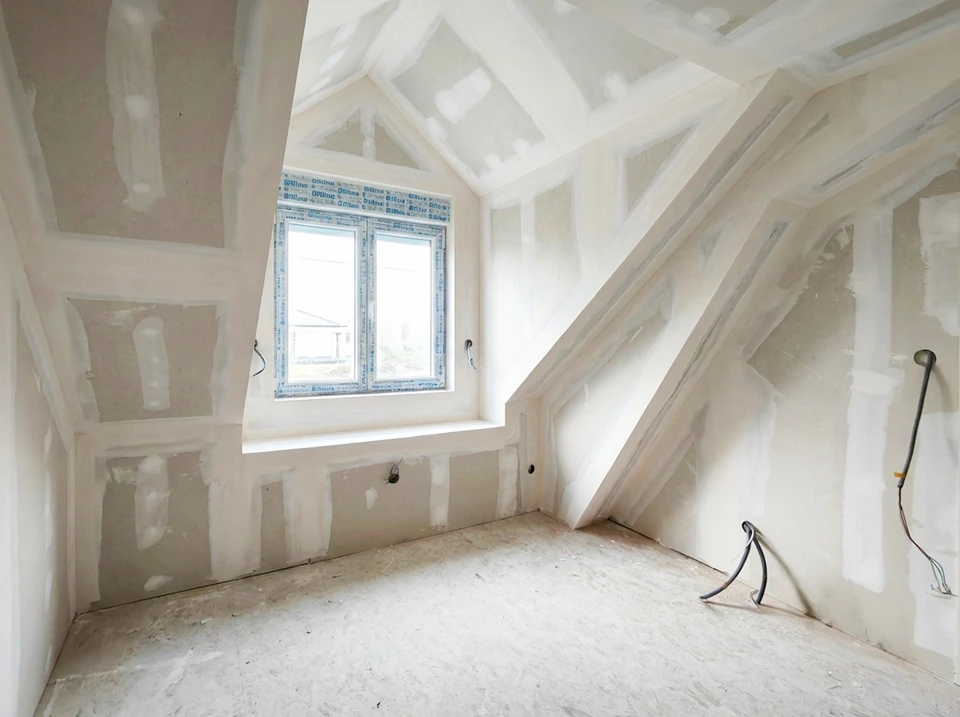 Deux ouvriers du bâtiment installent un faux plafond en plaques de plâtre dans un espace intérieur en construction